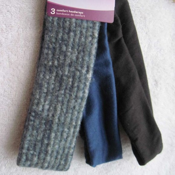 3 Goody Comfort Headwraps 2 Inch Wide Soft Fabric Head Bands Blue Black Fuzzy - Picture 1 of 8